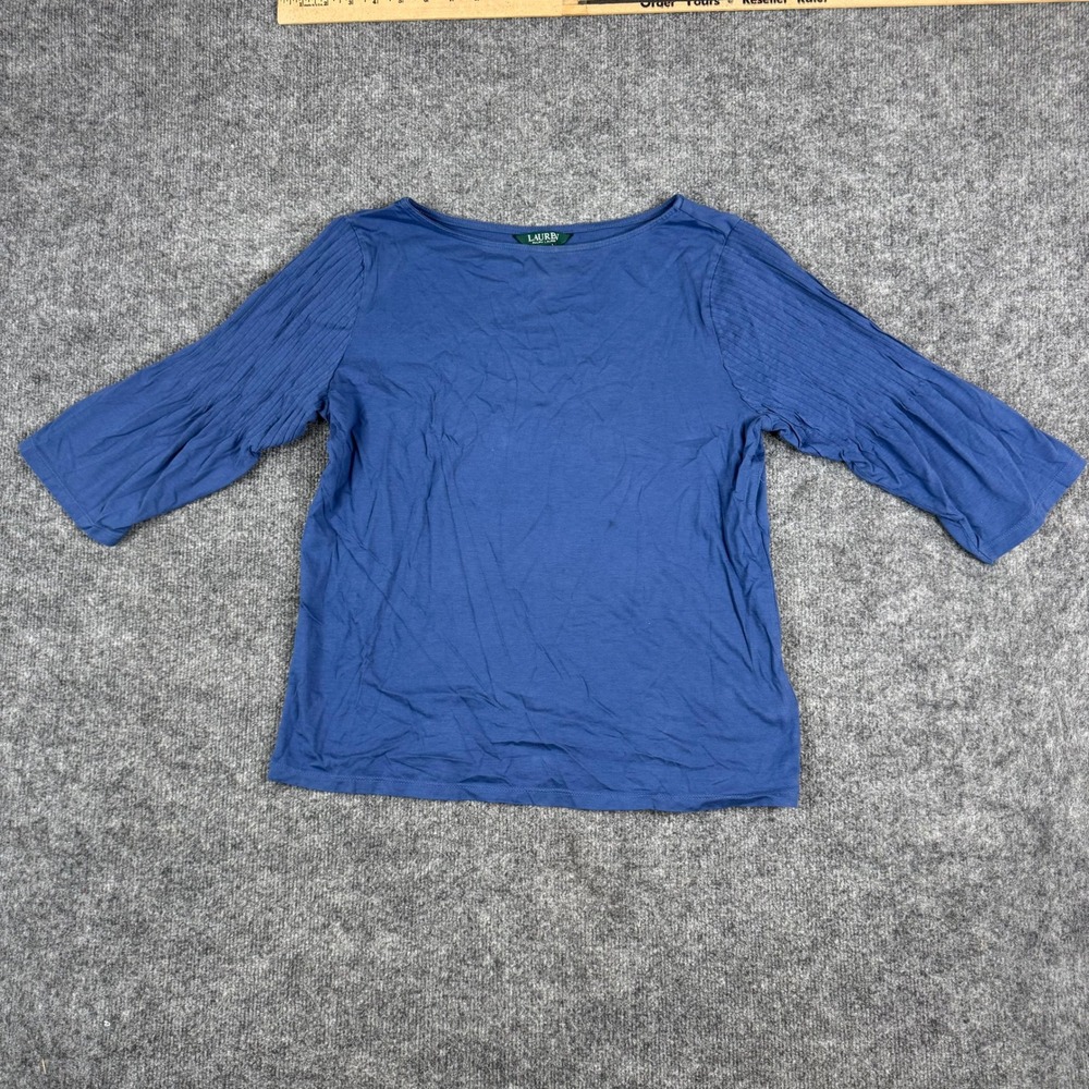 Lauren Ralph Lauren Top Womens Size M Blue Pleated Sleeve Boat Neck Cotton Shirt